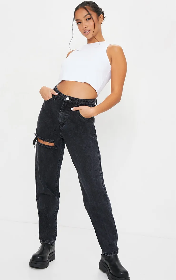 PRETTYLITTLETHING Washed Black Petite Thigh Ripped Mom Jeans sold by Pretty Little Thing