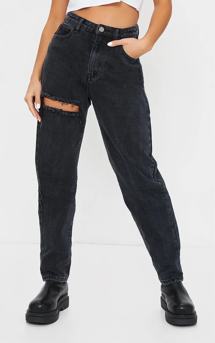 PRETTYLITTLETHING Washed Black Petite Thigh Ripped Mom Jeans sold by Pretty Little Thing product image thumbnail 2