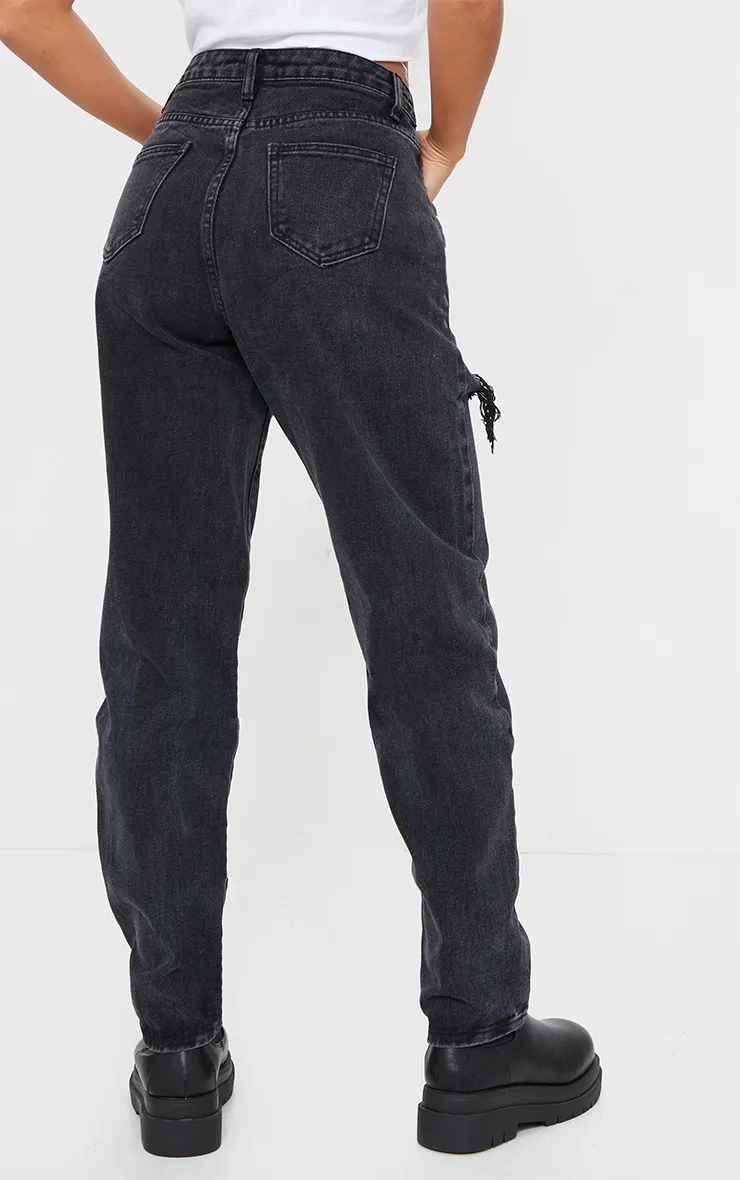 PRETTYLITTLETHING Washed Black Petite Thigh Ripped Mom Jeans sold by Pretty Little Thing product image thumbnail 3
