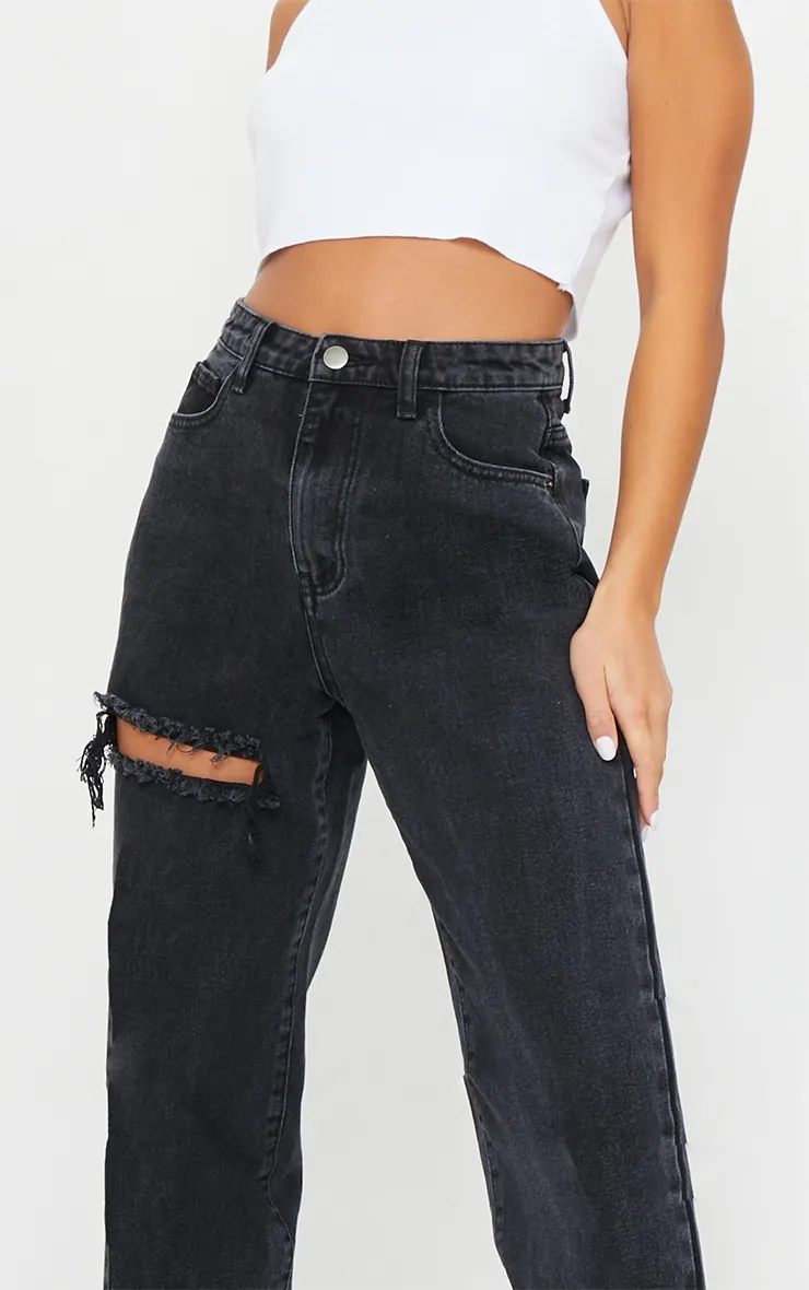PRETTYLITTLETHING Washed Black Petite Thigh Ripped Mom Jeans sold by Pretty Little Thing product image thumbnail 4