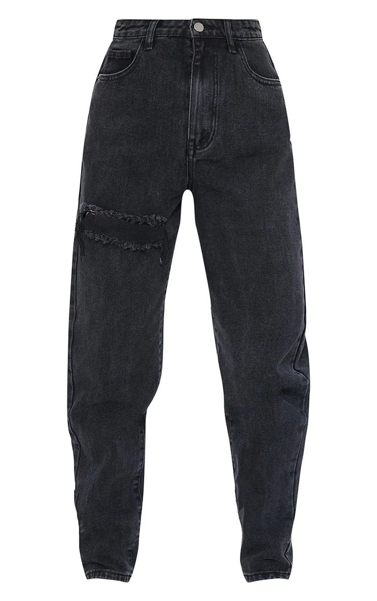 PRETTYLITTLETHING Washed Black Petite Thigh Ripped Mom Jeans sold by Pretty Little Thing product image thumbnail 5