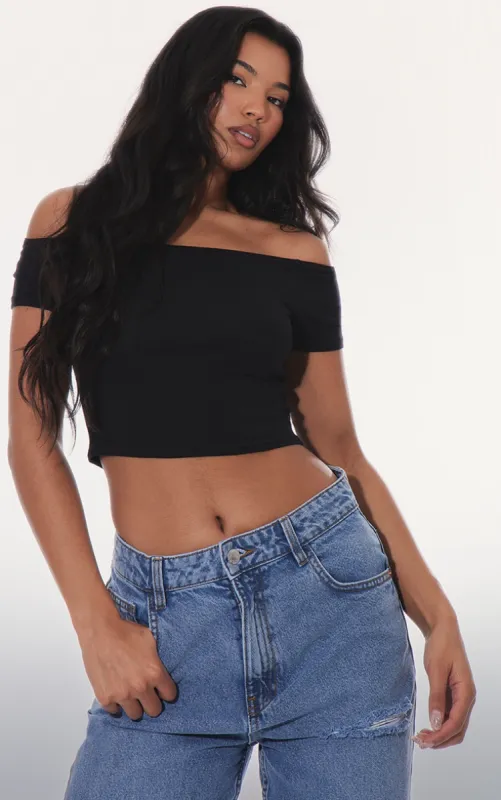 Basic Black Cotton Blend Bardot Crop Top made by Pretty Little Thing
