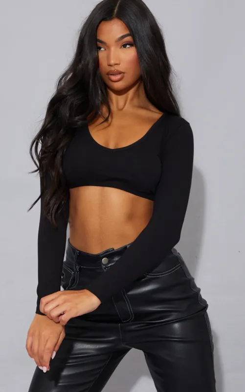 Basic Black Cotton Blend Long Sleeve Deep V Crop Top sold by Pretty Little Thing