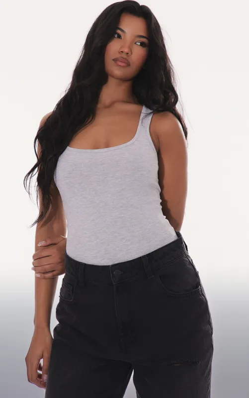 Basic Grey Marl Cotton Blend Racer Back Bodysuit sold by Pretty Little Thing