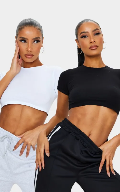Basic Black & White Cotton Blend Roll Sleeve Crop T Shirt 2 Pack sold by Pretty Little Thing