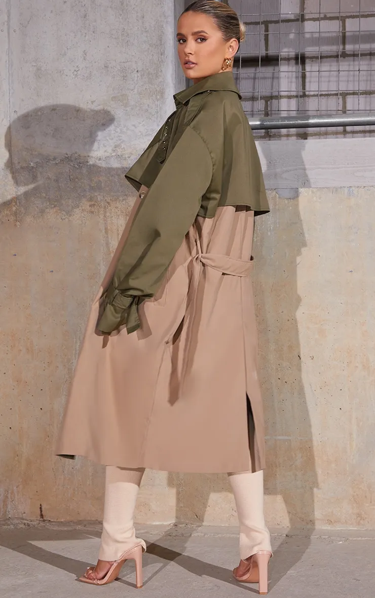 Khaki Contrast Oversized Belted Midi Trench Coat sold by Pretty Little Thing product image thumbnail 2