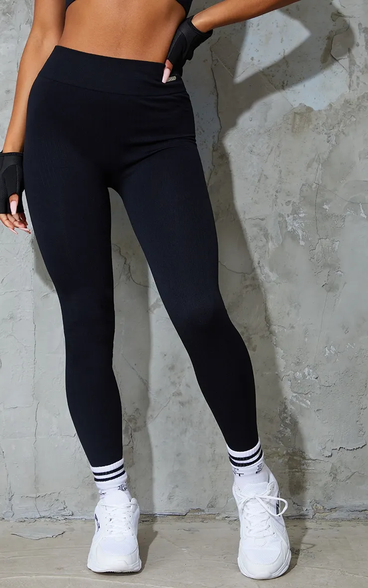 Black Seamless Rib High Waisted Gym Leggings sold by Pretty Little Thing product image thumbnail 2