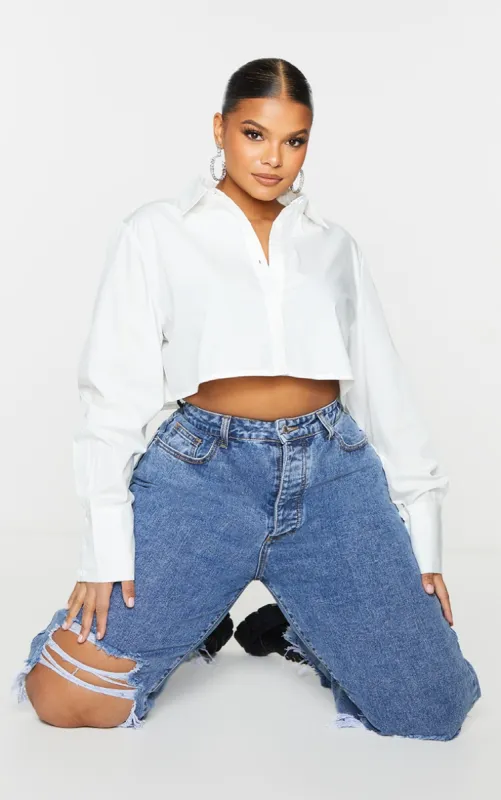 Plus White Cotton Oversized Crop Shirt sold by Pretty Little Thing