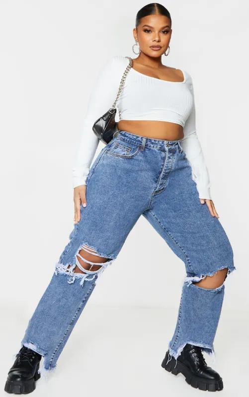 PRETTYLITTLETHING Plus Vintage Wash Extreme Ripped Hem Boyfriend Jeans sold by Pretty Little Thing