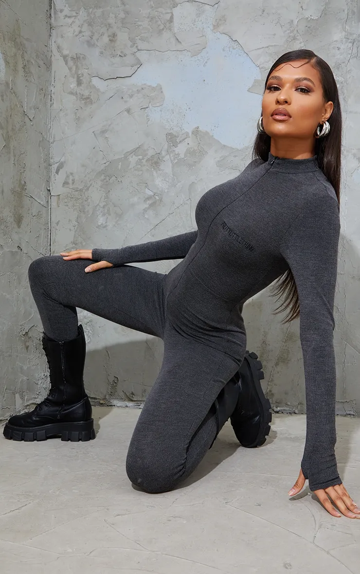 PRETTYLITTLETHING Charcoal Embroidered Rib Zip Front Catsuit sold by Pretty Little Thing product image thumbnail 3