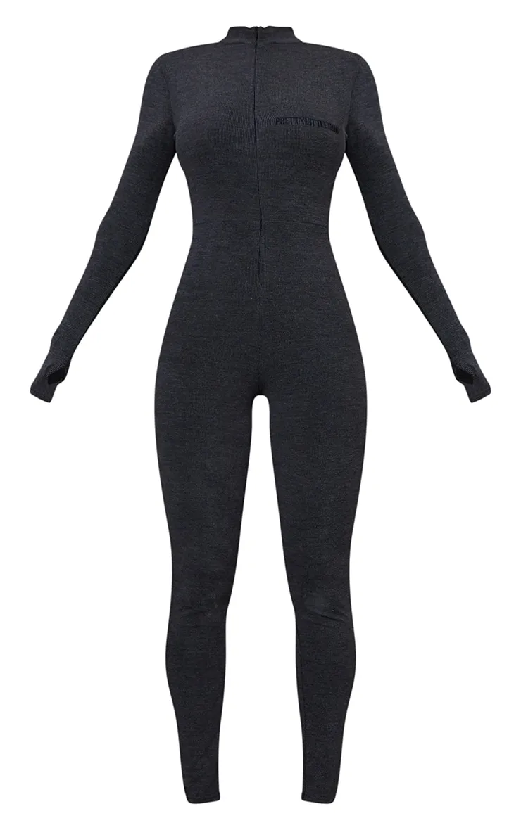 PRETTYLITTLETHING Charcoal Embroidered Rib Zip Front Catsuit sold by Pretty Little Thing product image thumbnail 5
