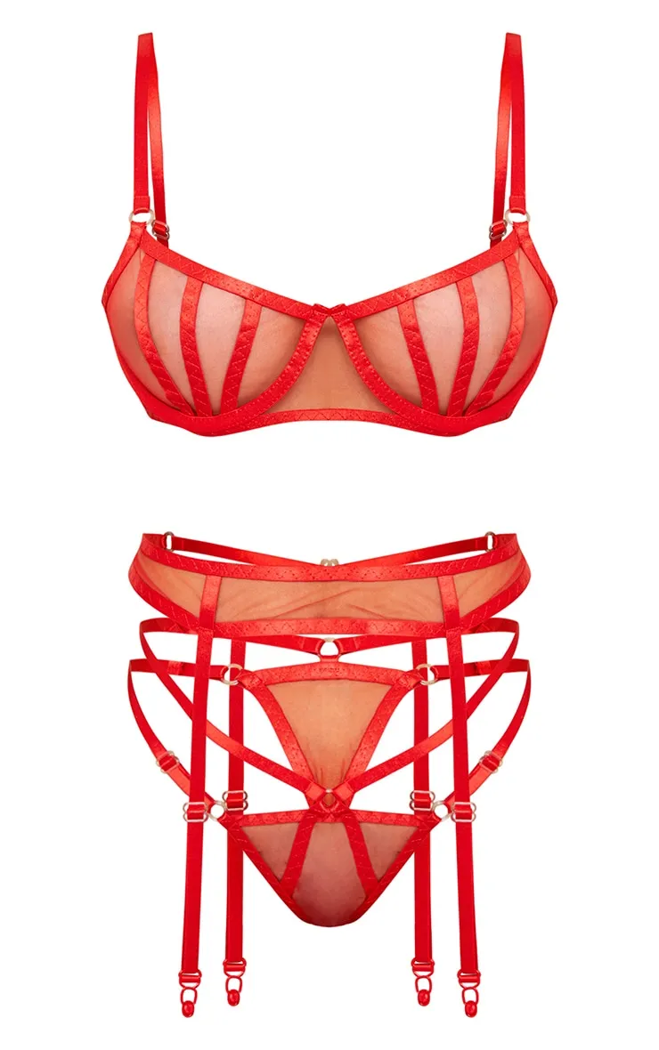 Red Underwired Binding Mesh 3 Piece Lingerie Set sold by Pretty Little Thing product image thumbnail 5