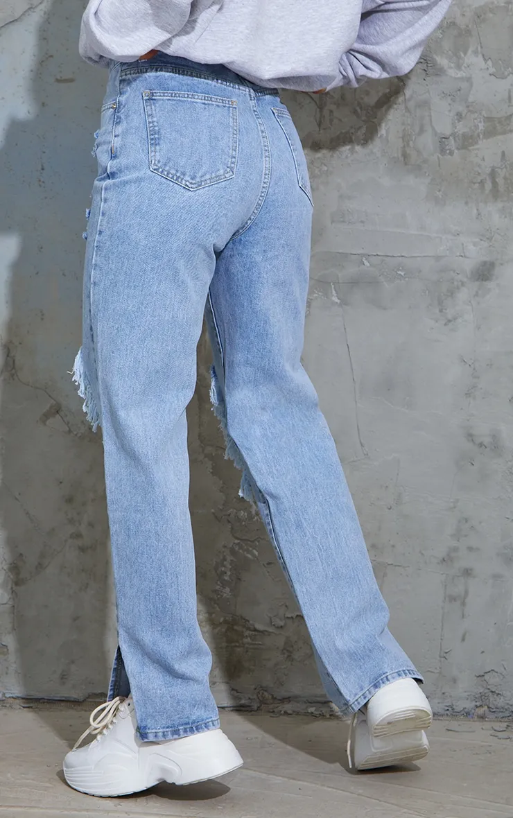 Light Blue Wash Ripped Open Knee Split Hem Jeans sold by Pretty Little Thing product image thumbnail 3