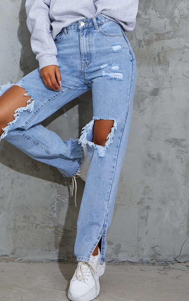 Light Blue Wash Ripped Open Knee Split Hem Jeans sold by Pretty Little Thing product image thumbnail 4