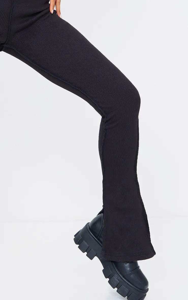 Black Structured Rib Stitch Detail Split Hem Flared Trousers sold by Pretty Little Thing product image thumbnail 4