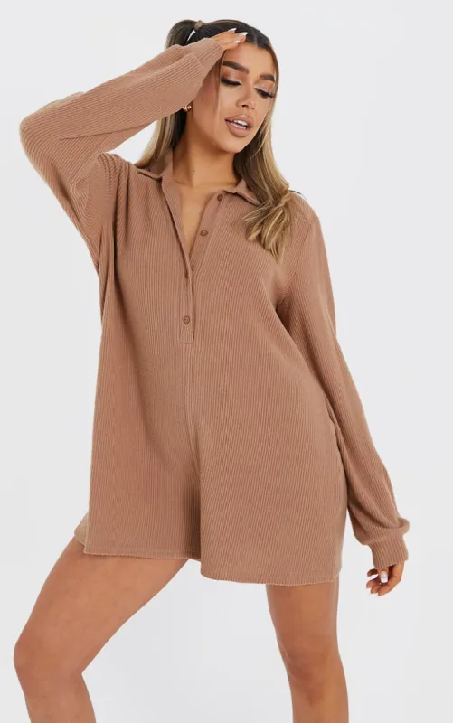 Camel Brushed Rib Oversized Shirt Playsuit sold by Pretty Little Thing