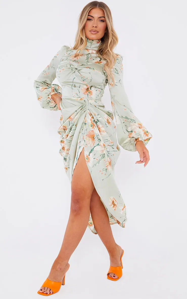 Sage Green Floral Twist Bust Draped Midi Dress sold by Pretty Little Thing