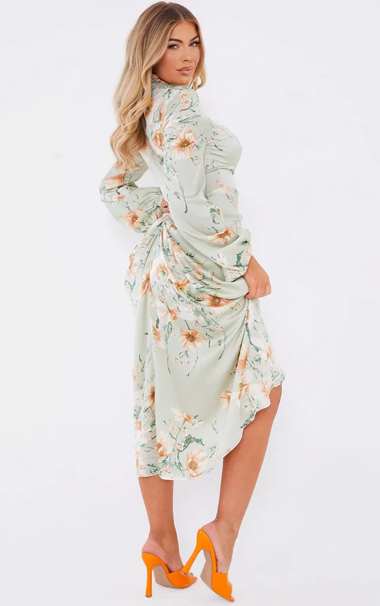 Sage Green Floral Twist Bust Draped Midi Dress sold by Pretty Little Thing product image thumbnail 2
