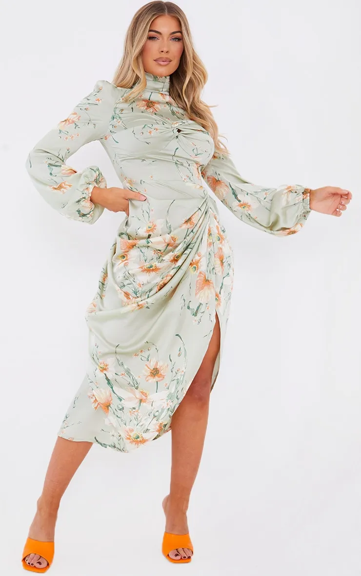 Sage Green Floral Twist Bust Draped Midi Dress sold by Pretty Little Thing product image thumbnail 3