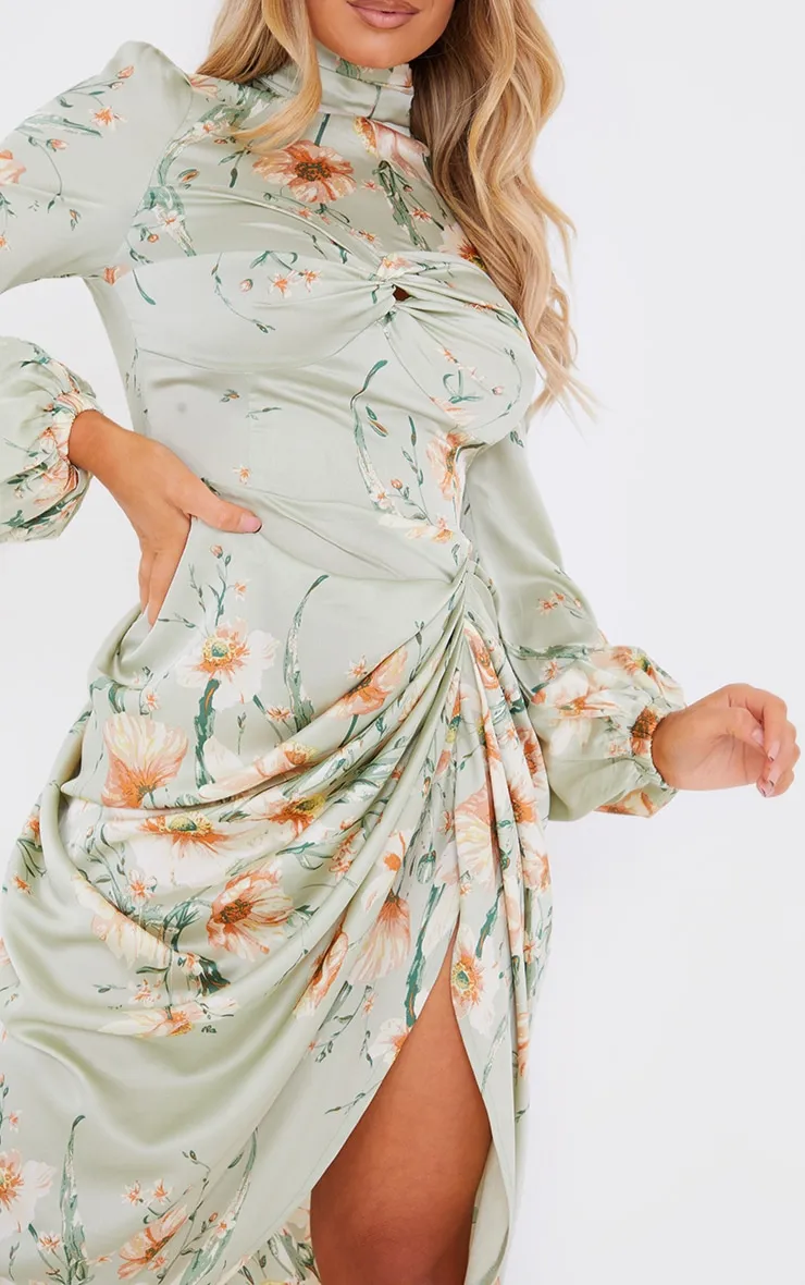 Sage Green Floral Twist Bust Draped Midi Dress sold by Pretty Little Thing product image thumbnail 4