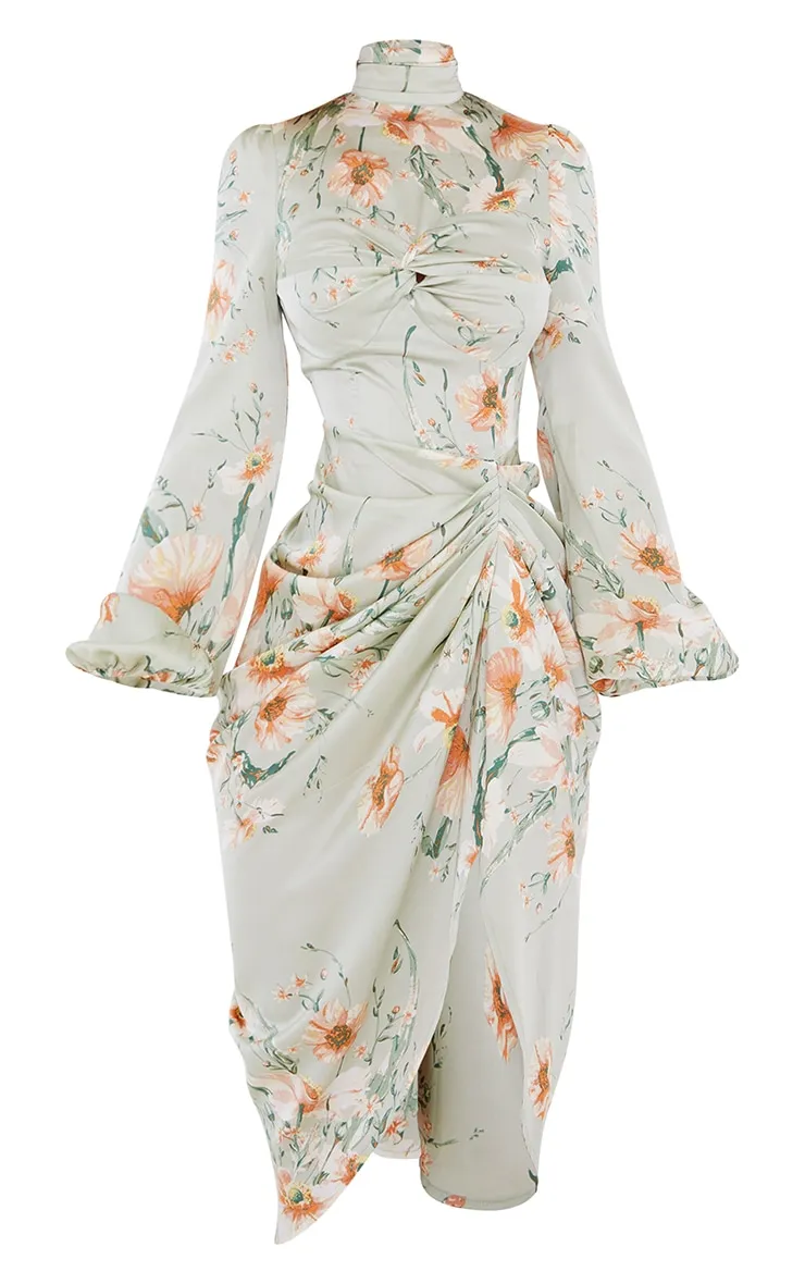 Sage Green Floral Twist Bust Draped Midi Dress sold by Pretty Little Thing product image thumbnail 5