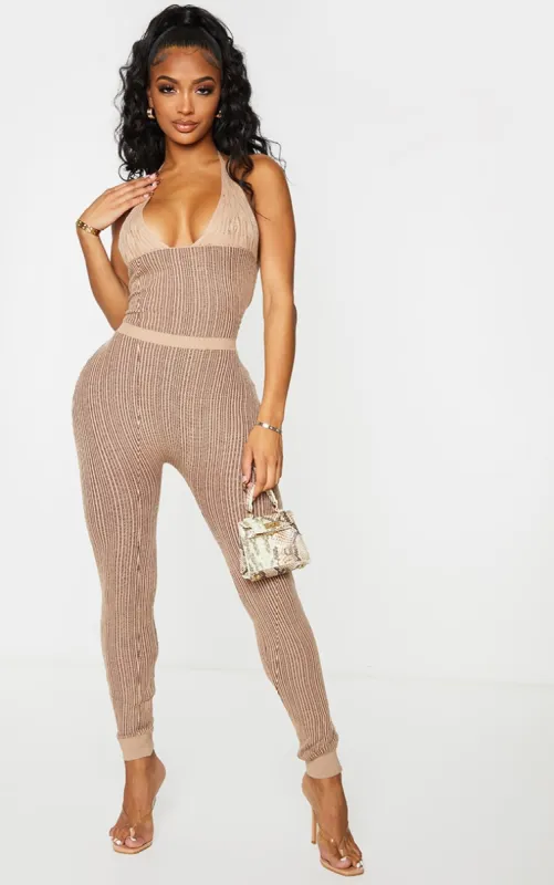 Shape Stone Knit Underbust Detail Halterneck Jumpsuit sold by Pretty Little Thing