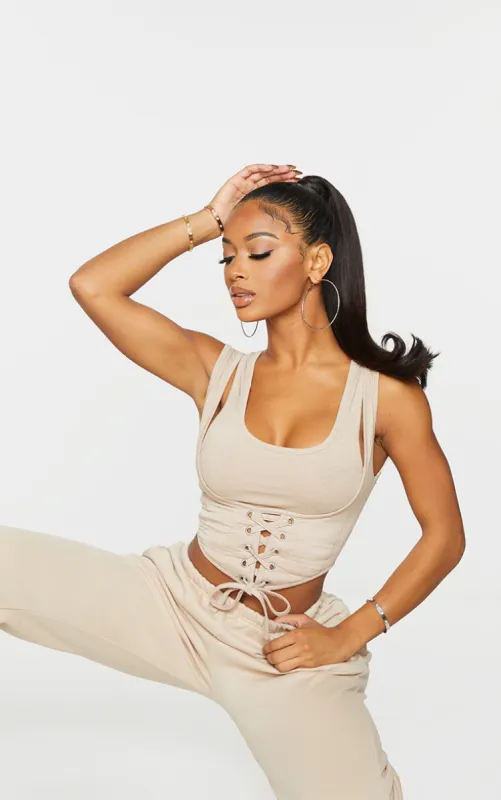 Shape Stone Cotton Padded Lace Up Corset Crop Top sold by Pretty Little Thing