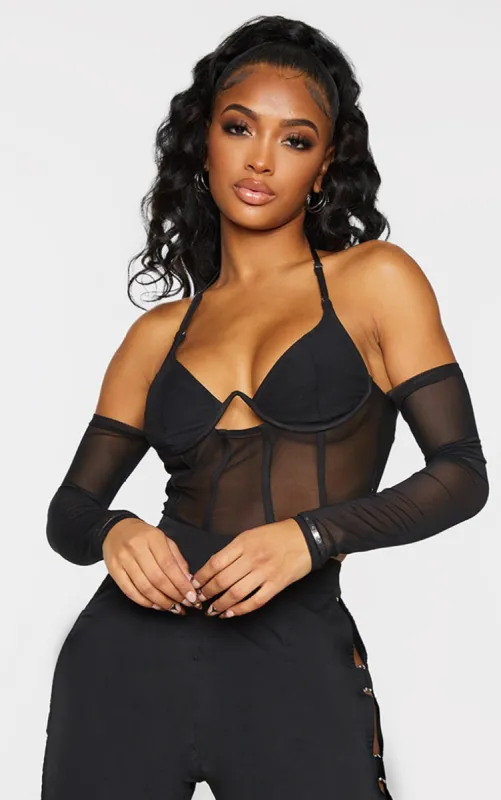 Shape Black Chiffon Corset Detail Long Sleeve Crop Top sold by Pretty Little Thing