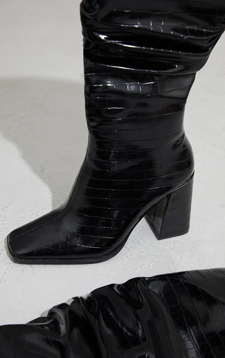 Black High Block Heel Croc Knee High Boots sold by Pretty Little Thing product image thumbnail 3