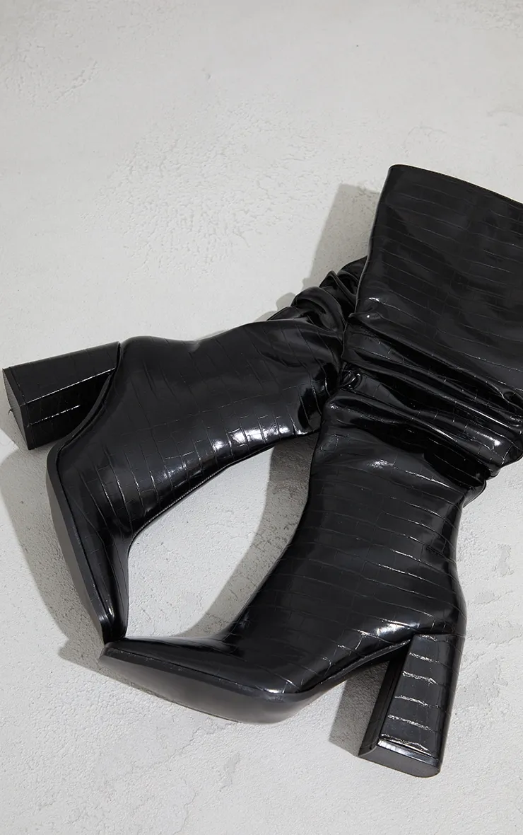 Black High Block Heel Croc Knee High Boots sold by Pretty Little Thing product image thumbnail 4