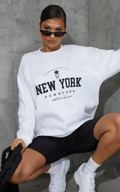White New York Downtown Slogan Printed Sweatshirt sold by Pretty Little Thing