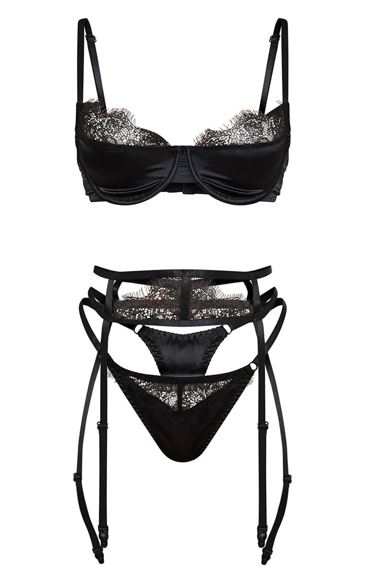Black Lace Suspender Detail 3 Piece Lingerie Set sold by Pretty Little Thing product image thumbnail 5