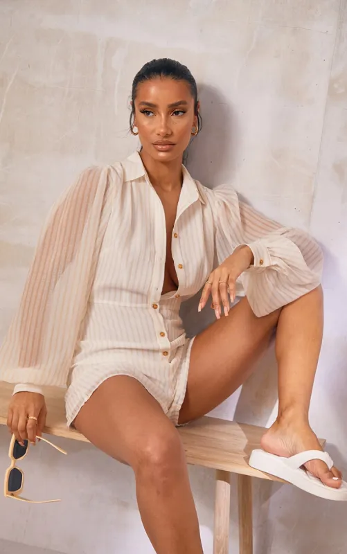 Stone Stripe Balloon Sleeve Shirt Playsuit sold by Pretty Little Thing