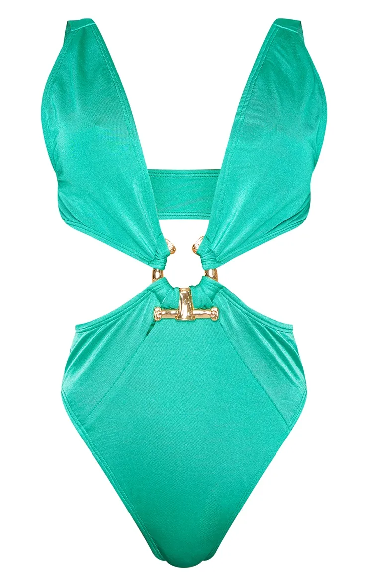 Green Hammered Trim Deep Plunge Cut Out Swimsuit sold by Pretty Little Thing product image thumbnail 5