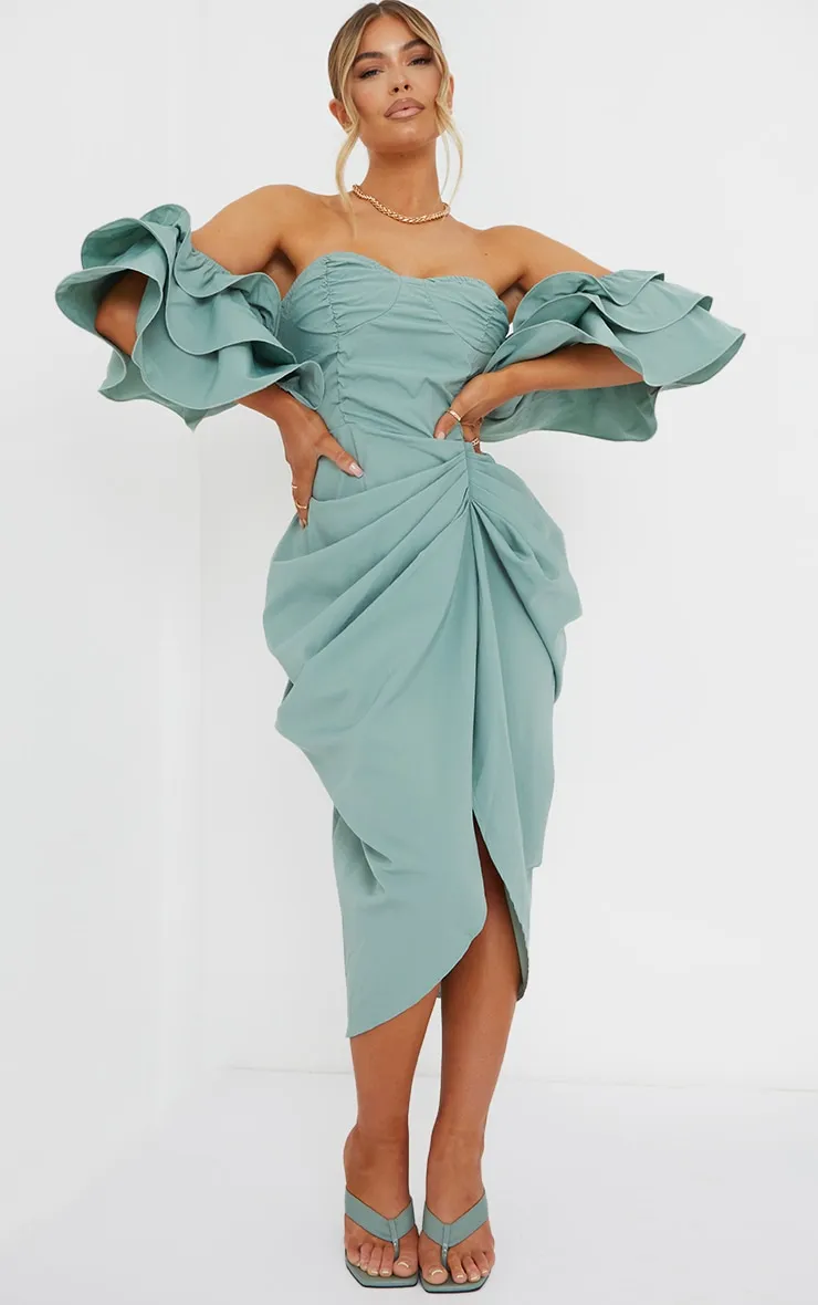 Sage Green Bardot Frill Sleeve Draped Midi Dress sold by Pretty Little Thing