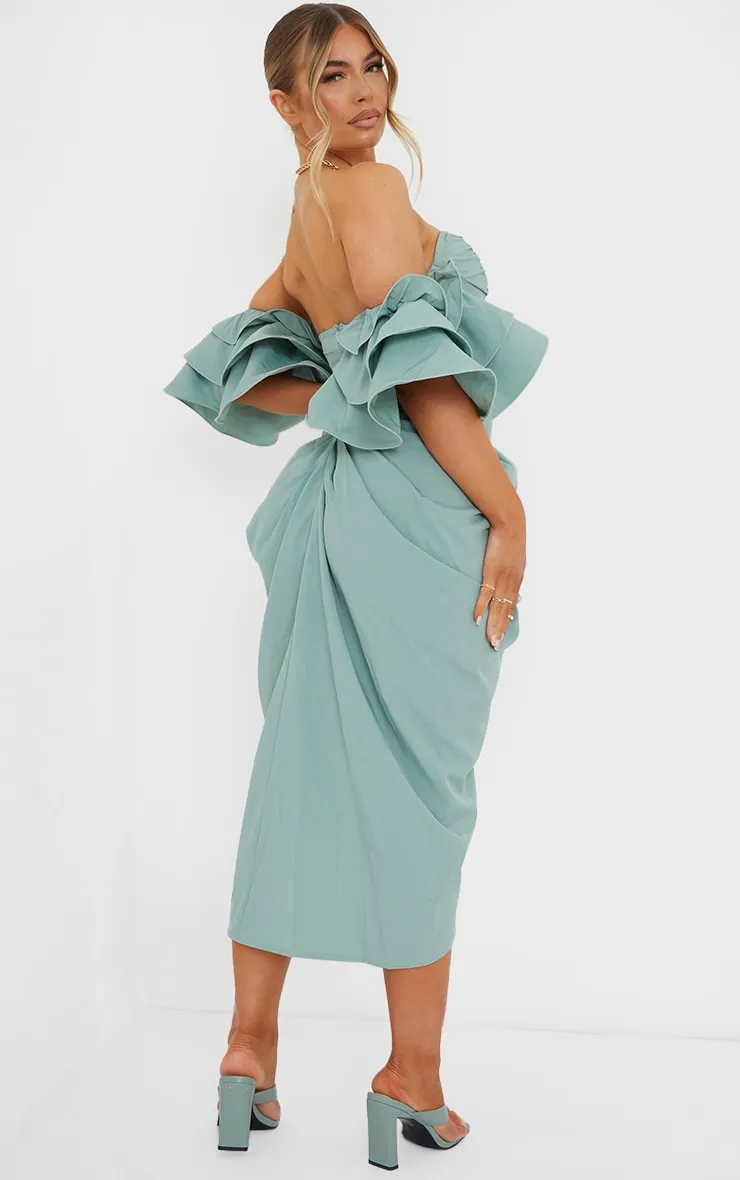 Sage Green Bardot Frill Sleeve Draped Midi Dress sold by Pretty Little Thing product image thumbnail 2