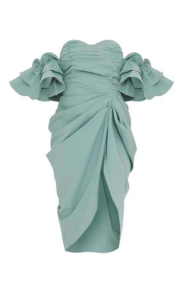 Sage Green Bardot Frill Sleeve Draped Midi Dress sold by Pretty Little Thing product image thumbnail 5