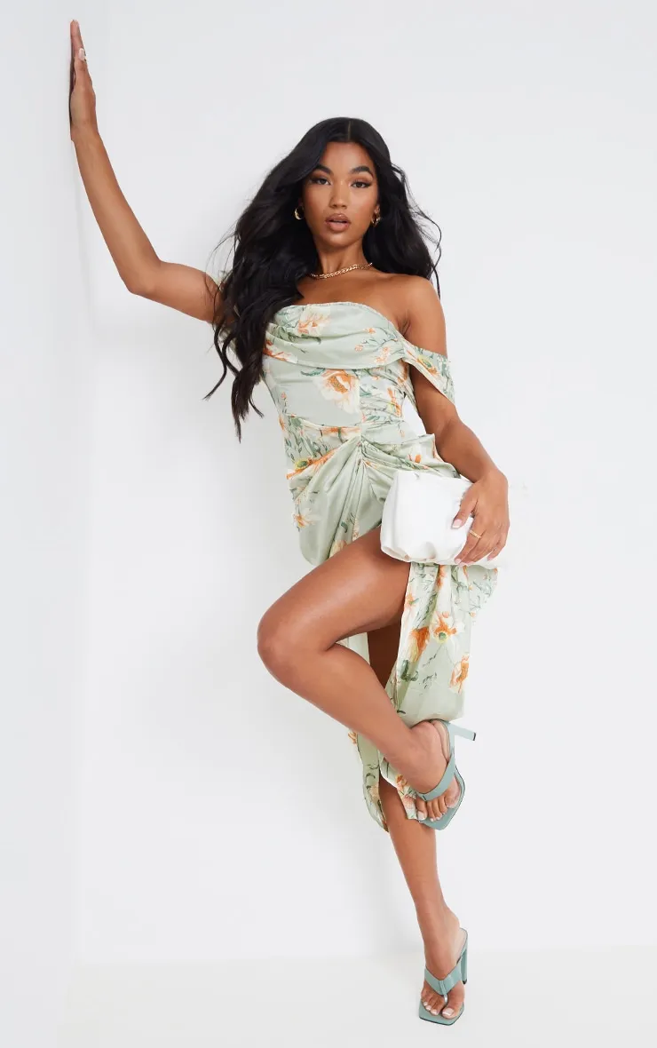 Sage Green Floral Print Satin Draped Bardot Midi Dress sold by Pretty Little Thing
