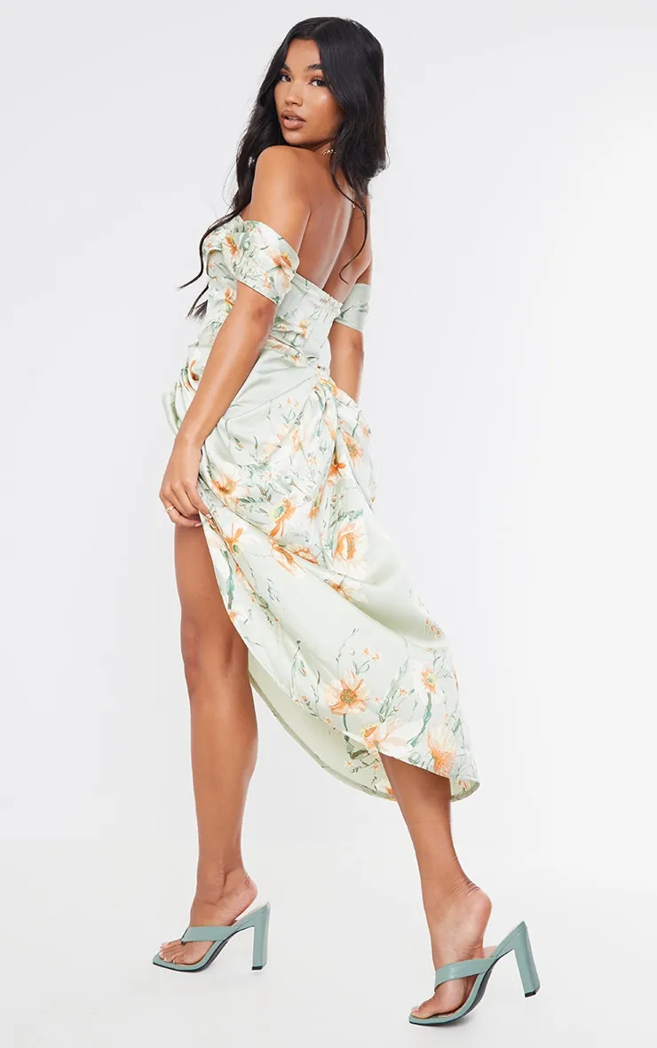 Sage Green Floral Print Satin Draped Bardot Midi Dress sold by Pretty Little Thing product image thumbnail 2
