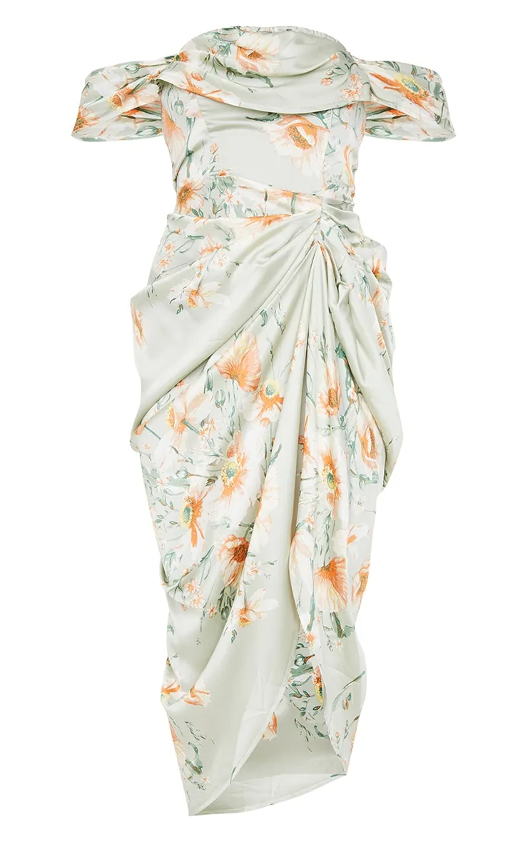 Sage Green Floral Print Satin Draped Bardot Midi Dress sold by Pretty Little Thing product image thumbnail 5