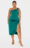 Plus Emerald Green Satin Drape Detail Side Split Midi Dress sold by Pretty Little Thing