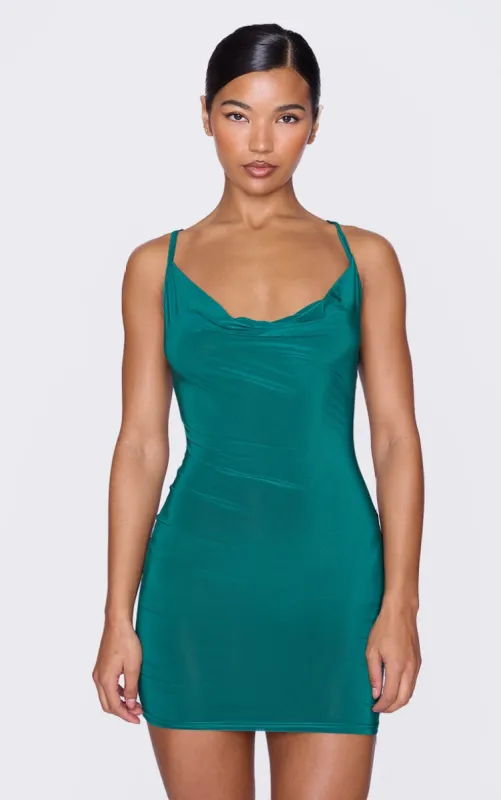 Emerald Green Slinky Cowl Neck Bodycon Dress sold by Pretty Little Thing