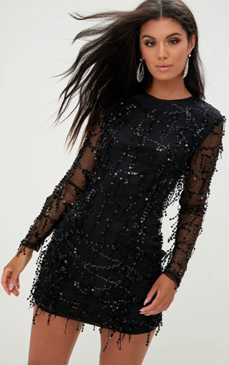 Black Sequin Detail Long Sleeve Mini Dress sold by Pretty Little Thing