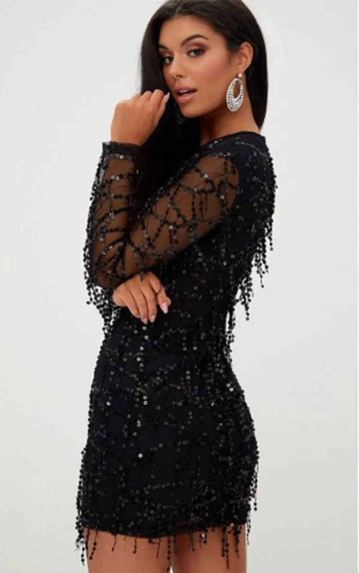 Black Sequin Detail Long Sleeve Mini Dress sold by Pretty Little Thing product image thumbnail 2
