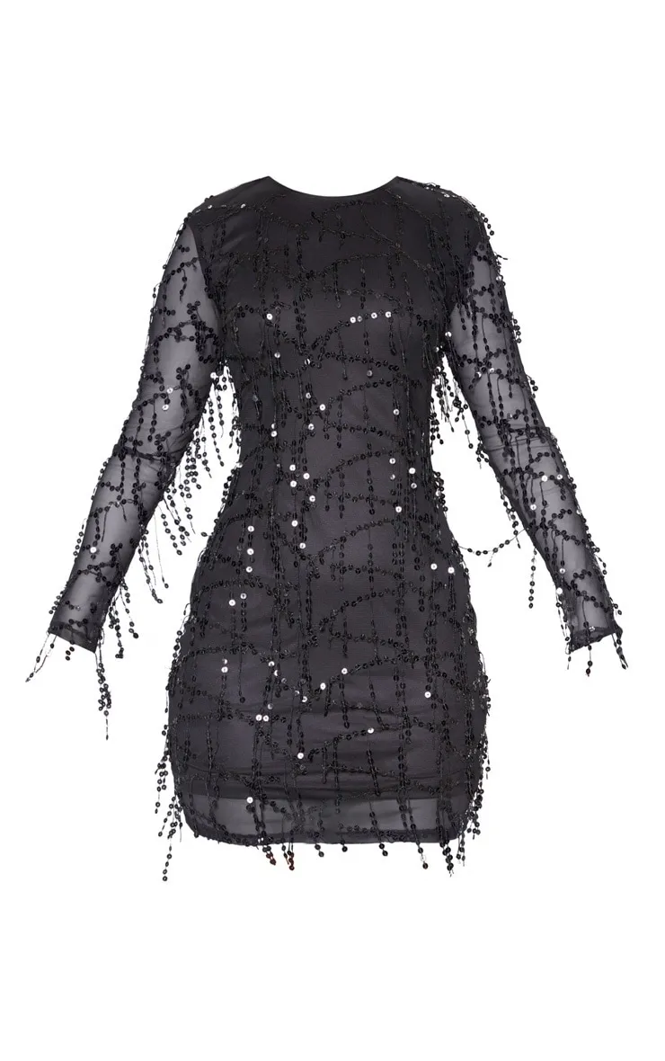 Black Sequin Detail Long Sleeve Mini Dress sold by Pretty Little Thing product image thumbnail 3