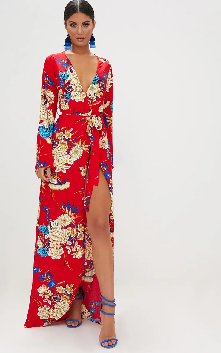 Red Floral Print Kimono Maxi Dress sold by Pretty Little Thing