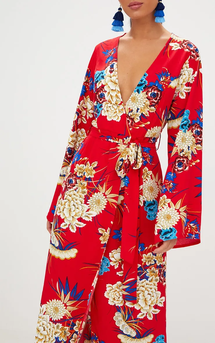 Red Floral Print Kimono Maxi Dress sold by Pretty Little Thing product image thumbnail 4