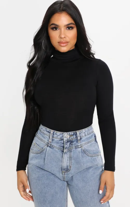 Petite Black Basic Roll Neck Long Sleeve Bodysuit sold by Pretty Little Thing