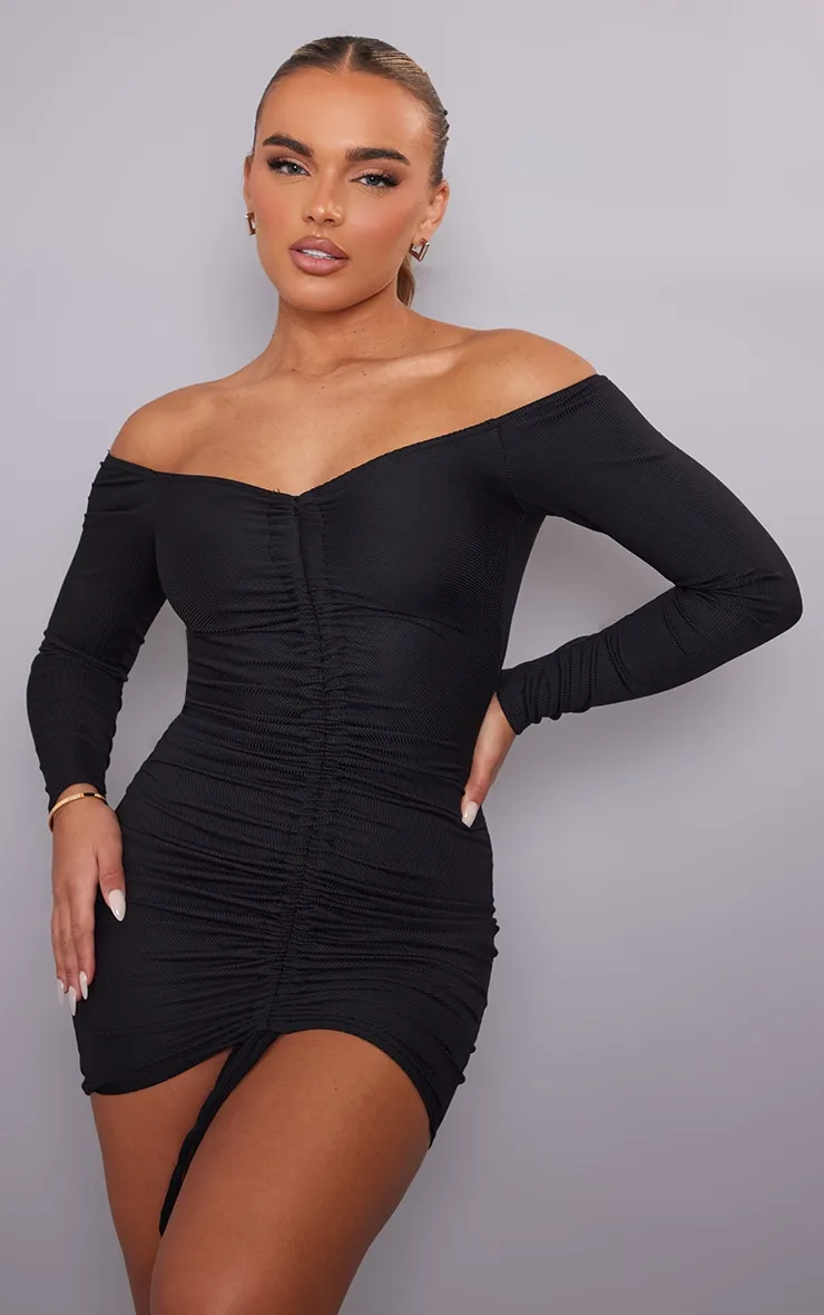Black Ribbed Long Sleeve Bardot Ruched Bodycon Dress sold by Pretty Little Thing