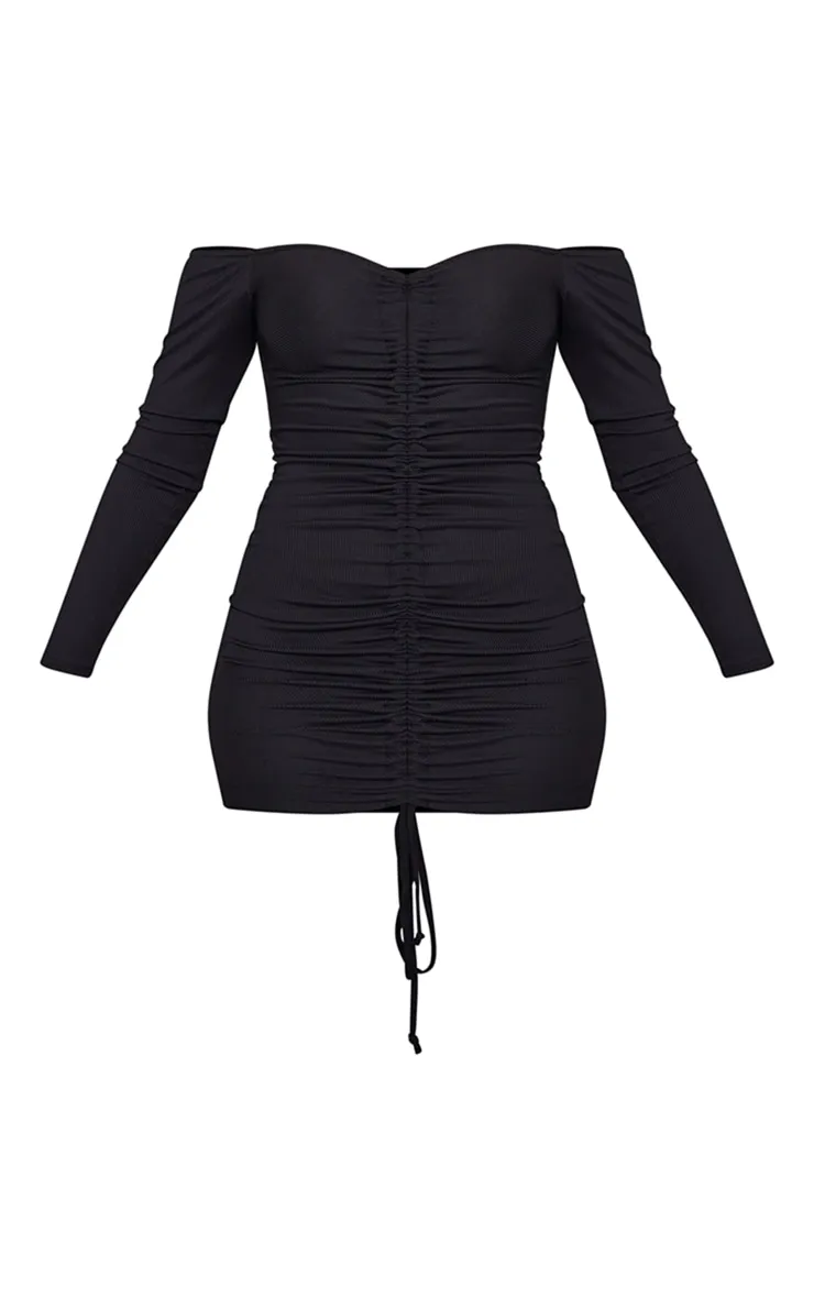 Black Ribbed Long Sleeve Bardot Ruched Bodycon Dress sold by Pretty Little Thing product image thumbnail 5